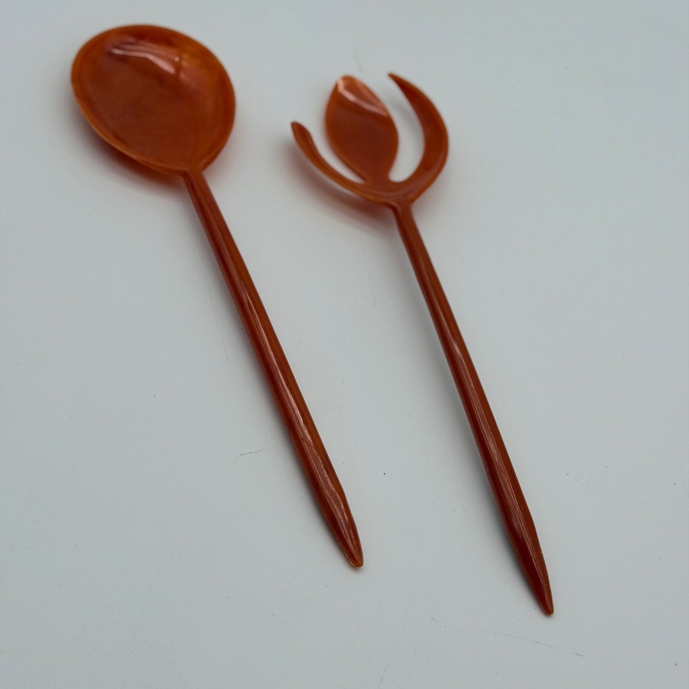 Vintage MCM Burnt Orange Lucite Salad Server Tulip Serving Spoon Fork Set 11.5in